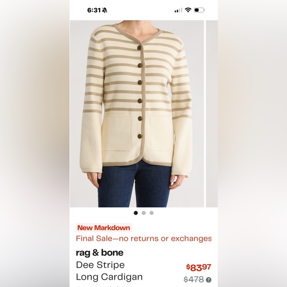 rag & bone Sweaters - rag & bone Cream and Tan Striped Long Cardigan NWT